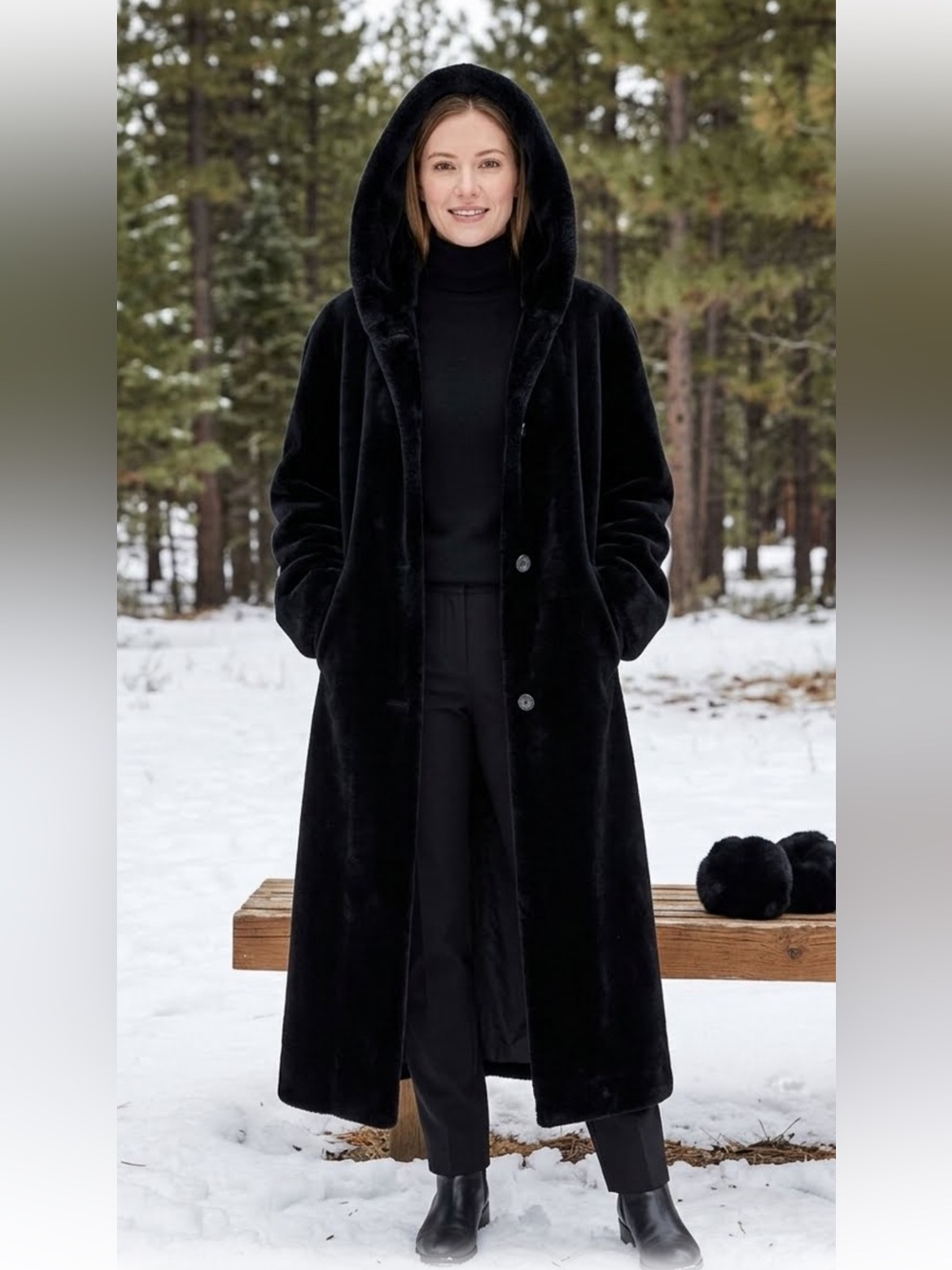 NILS Resort Collection Black Hooded Plush Fleece Long Coat